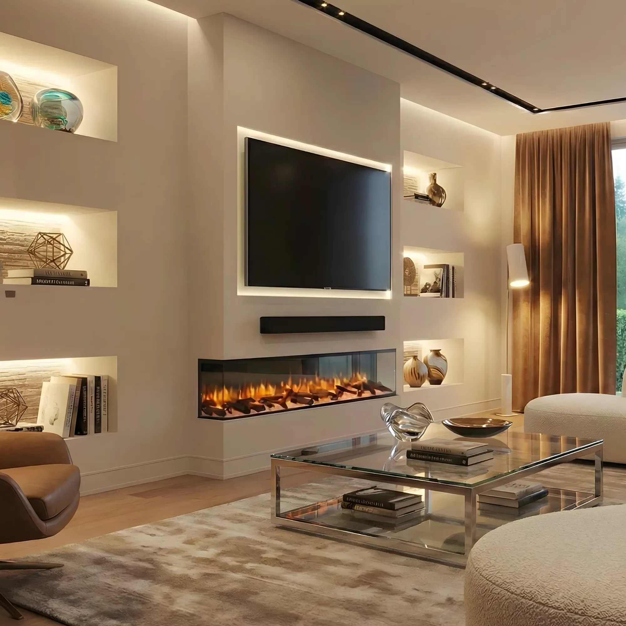 Rosedale 3 Sided Electric Fire installed in a modern media wall