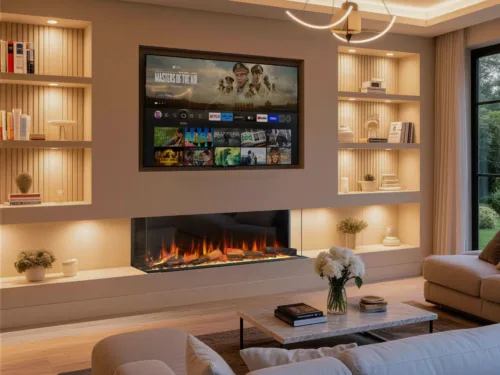 Deluxe Rosedale 3-sided electric fire in a modern media wall with TV above and warm LED lighting