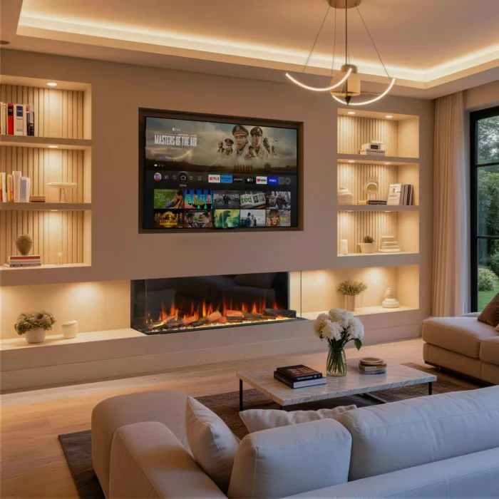 Deluxe Rosedale 3-sided electric fire in a modern media wall with TV above and warm LED lighting