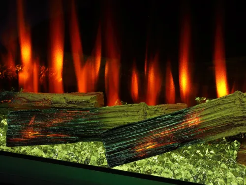 Deluxe Rosedale Media Wall electric fire with illuminated logs, green crystal fuel bed and orange flame effect