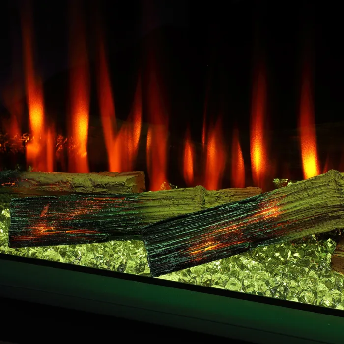 Deluxe Rosedale Media Wall electric fire with illuminated logs, green crystal fuel bed and orange flame effect
