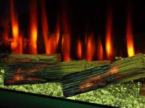 Deluxe Rosedale Media Wall electric fire with illuminated logs, green crystal fuel bed and orange flame effect