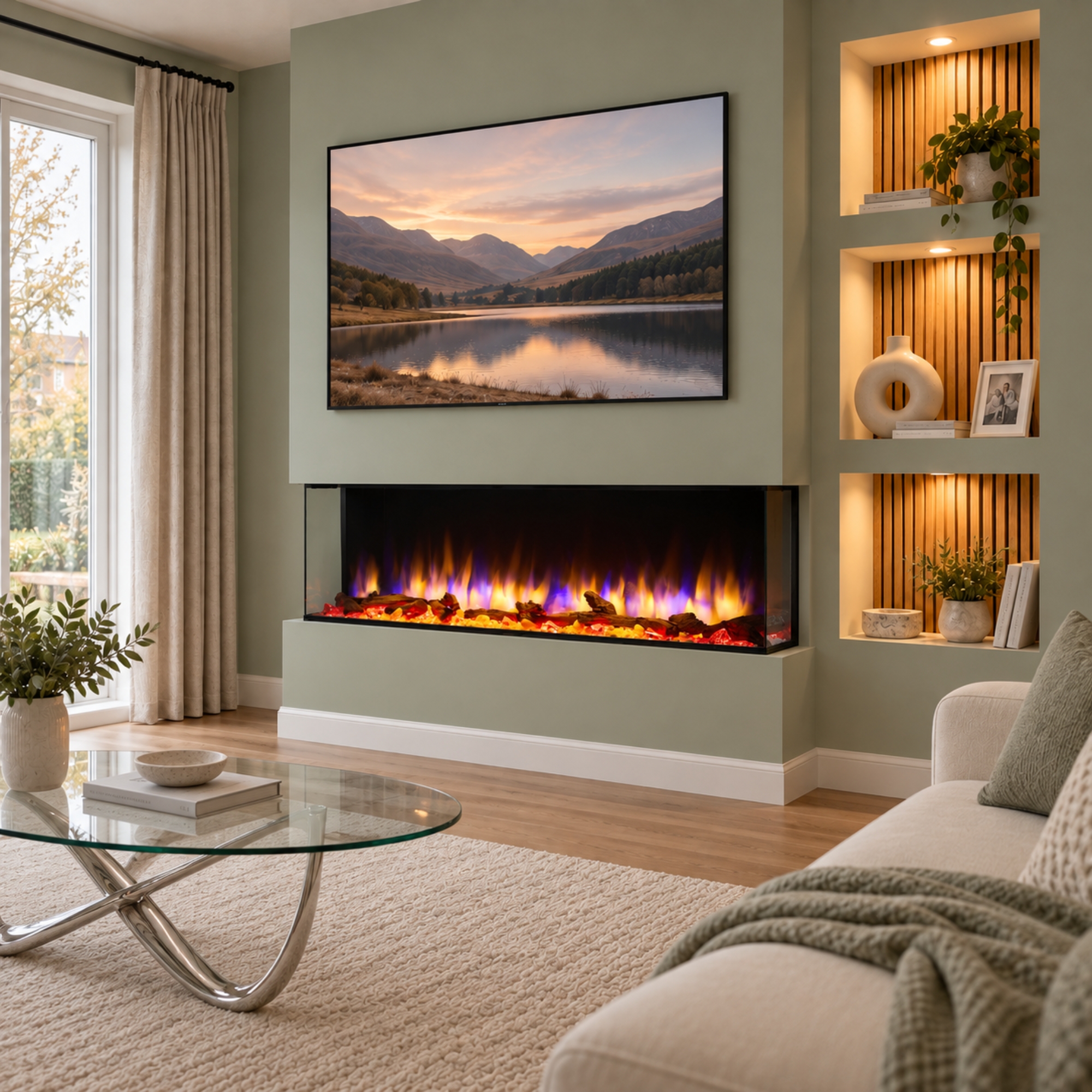 Rosedale three-sided electric fire beneath a TV in a sage-green media wall with illuminated display shelves