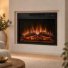 Harwood black inset electric fire with glowing log bed and amber, blue and purple flame effects