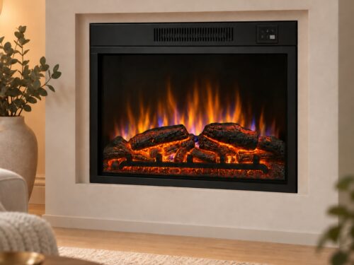 Harwood black inset electric fire with glowing log bed and amber, blue and purple flame effects
