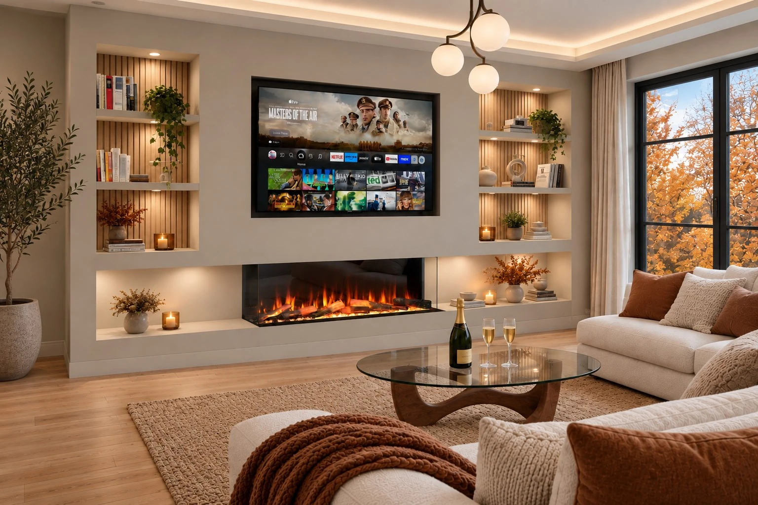 Deluxe Rosedale media wall electric fire with glowing logs beneath a TV in a cosy autumn living room.