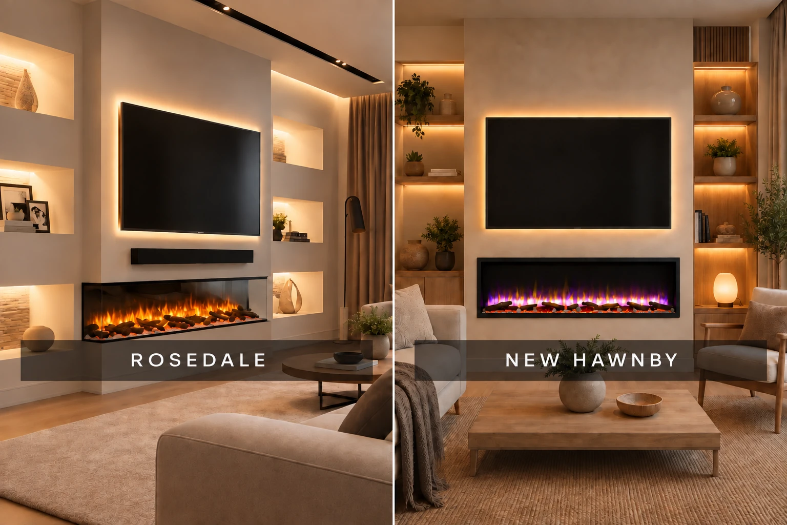 Rosedale and New Hawnby media wall electric fires with LED mood lighting around the TVs